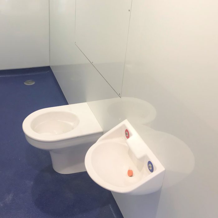 Sink and toilet installed in a cubicle